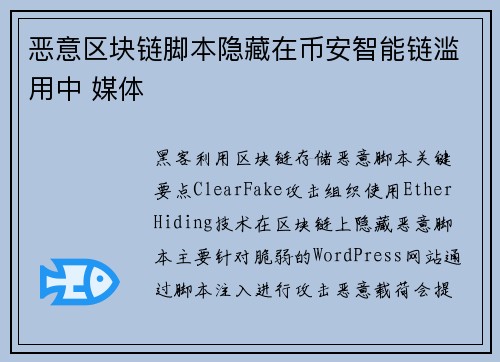 恶意区块链脚本隐藏在币安智能链滥用中 媒体